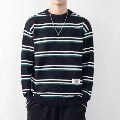 Áo len sọc nam thu đông phong cách Hàn Quốc dáng rộng áo len nam trẻ trung hợp thời trang thương hiệu áo len chui đầu cổ tròn