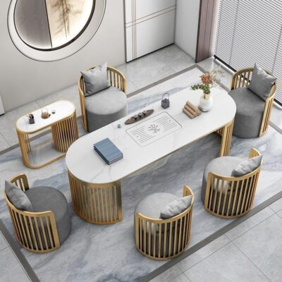 Bàn trà bằng đá cẩm thạch kiểu Trung Quốc mới tích hợp bộ đẹp sang trọng lưới màu đỏ Bàn trà bộ Bàn trà văn phòng kết hợp bàn ghế đá phiến
