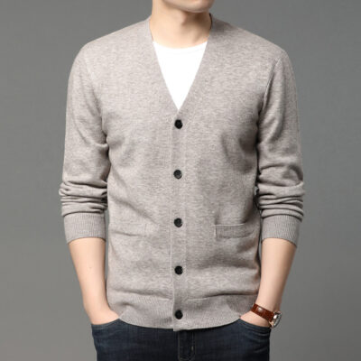 Áo sơ mi cài cúc nam mùa xuân và mùa thu 2023 Áo khoác cardigan nam cổ chữ V áo len dệt kim có túi thật