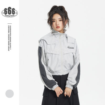 ANSWER ME Mỹ triều thương hiệu retro ngọt mát có mũ trùm đầu nữ ngắn dây kéo thể thao áo khoác W274