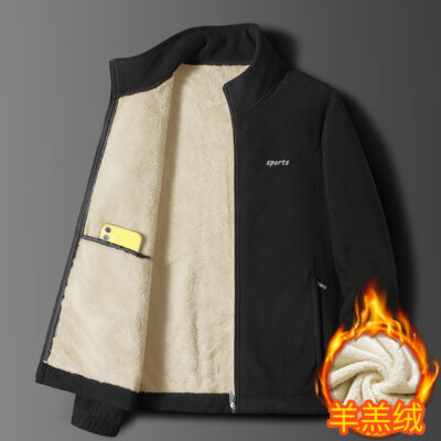 Áo len lông cừu cực áo khoác nam bán buôn dày cừu nhung cổ áo đứng cardigan lông cừu nam trung niên áo khoác thường