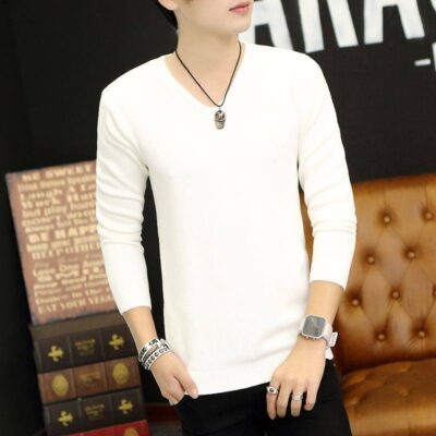 Áo len nam thu đông cổ chữ V mỏng phiên bản Hàn Quốc áo len mỏng đáy mỏng màu trắng học sinh cộng với áo len cổ tròn nhung