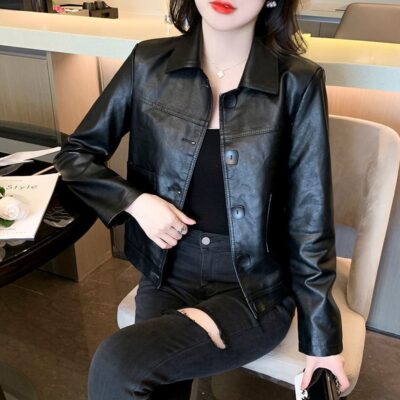 Mùa xuân và mùa thu áo khoác da ngắn nữ phong cách nước ngoài phù hợp với áo khoác da cao cấp được giặt sạch của phụ nữ thiết kế cảm giác gió xe máy hàng đầu phụ nữ