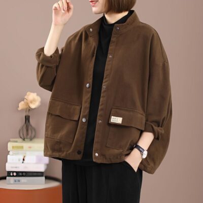 Cotton cổ áo đứng dụng cụ áo khoác denim nữ áo khoác giản dị 2023 mùa xuân và mùa thu mới rộng rãi kích thước lớn cardigan ngắn