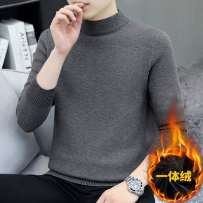 Nam Nhung Áo Len Dày Dặn Thu Đông 1 Nhung Nửa Cổ Cao Đáy Áo Len Dệt Kim Màu Vải Lanh Ấm Áp mỏng