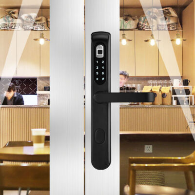 Chống thấm Khóa cửa nhôm khóa vân tay mã khóa quẹt thẻ khóa cửa hông hẹp KFC cửa trượt cửa hợp kim nhôm khóa cửa màu đen