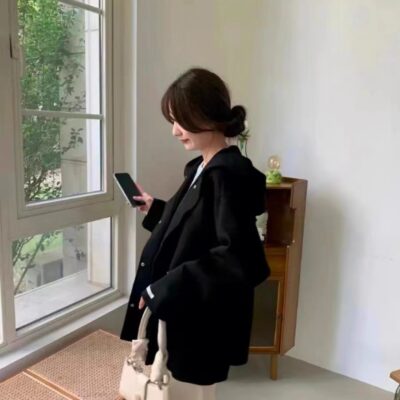 Áo Khoác Có Mũ Trùm Đầu Bản Rộng Áo Khoác Cashmere 2 Mặt Dáng Rộng Phong Cách Hàn Quốc Ngắn Khoai Môn Tím Nhỏ Len Áo Khoác Len