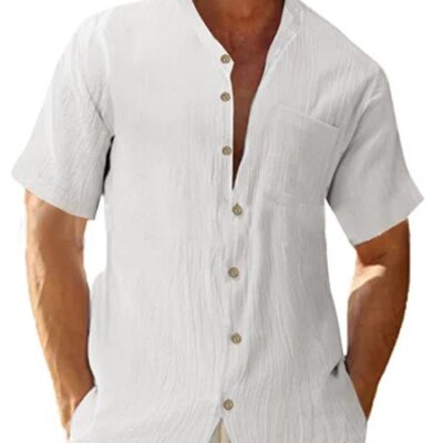 2022 Amazon Chúc AliExpress Châu Âu Và Châu Mỹ Nam Rời Vải Lanh Cardigan Màu Áo Cổ Đứng Áo Sơ Mi Tay Ngắn
