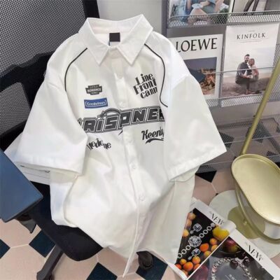 2022 Phong Cách Mỹ Mới Đường Phố In Chữ Áo Sơ Mi Nam Retro Hip-Hop Rời Bf Thường Thích Hợp Áo Sơ Mi