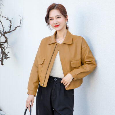 Áo khoác da haining nữ mùa xuân cao cấp đầu máy nhỏ khí chất ngắn phong cách Hàn Quốc ve áo pu áo khoác hàng đầu