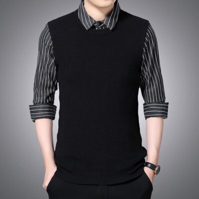 Áo sơ mi nam dài tay giản dị áo hai mảnh giả nam áo trong mùa xuân và mùa thu cổ áo sơ mi mới áo len dài tay áo sơ mi nam giản dị cho người trung niên và thanh niên