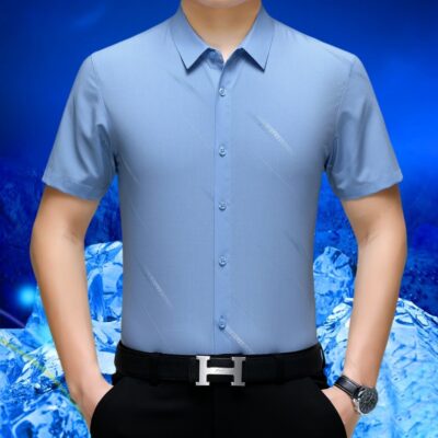 2023 Thương Hiệu Lụa Dâu Tơ Nam Ngắn Tay Mùa Hè Mới Áo Sơ Mi Trung Niên Không Cần Ủi Đồng Màu Của Cha Hàng Đầu