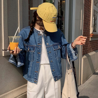 TG cổ tròn viền thô đường phố retro wash xanh denim áo khoác nữ mùa xuân 2023 áo khoác mới hàng đầu 19009