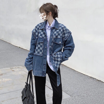 Mát mẻ muối mặc bàn cờ nối áo len denim áo khoác nữ sinh viên xu hướng áo khoác lỏng hàng đầu triều