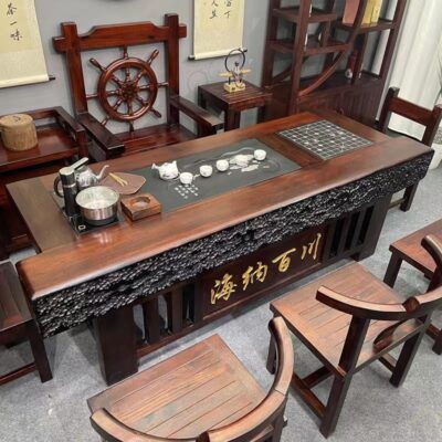 Bán buôn Gỗ thuyền Bàn trà gỗ và ghế kết hợp phong cách Trung Quốc gỗ nguyên khối cổ kung fu Bàn trà và ghế văn phòng trọn bộ Bàn trà bàn cà phê