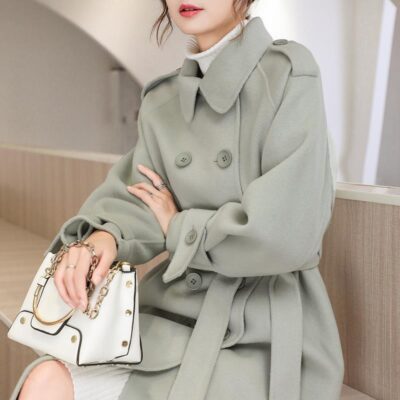 Áo khoác len cashmere hai mặt chống thông thoáng mùa thu dành cho nữ, áo khoác len thẳng dài qua đầu gối mới cho nữ