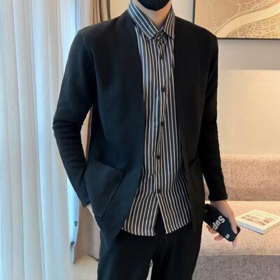 Mùa Xuân Và Mùa Thu 2022 Giả 2 Cardigan Nam Hợp Thời Trang Cổ Sơ Mi Nón Kết Nam Kim Áo Len Mỏng Áo Khoác