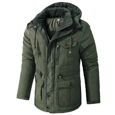 Kích Thước Hoa Kỳ Nam Kích Thước Lớn Sherpa Cashmere Có Mũ Áo Khoác Dày Nhiều Túi, Chất Liệu Cotton Cổ Giữa áo Khoác Dài