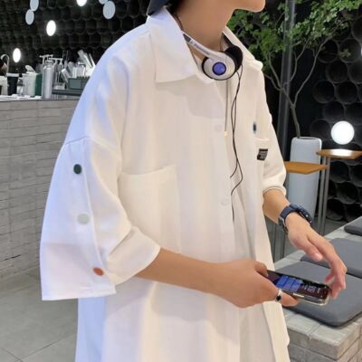 Áo sơ mi ngắn tay mỏng cài khuy mùa hè dành cho nam xu hướng thương hiệu xu hướng phong cách Hồng Kông kiểu Nhật Bản áo khoác năm phần tư tay áo