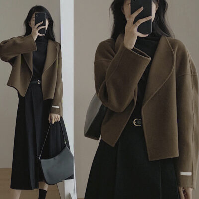 Kaki ngắn áo khoác len áo khoác nữ cảm giác mùa thu đông Hepburn phong cách cashmere hai mặt dày