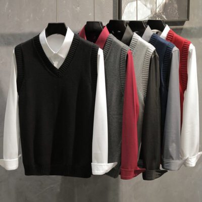 Vest dệt kim áo len nam cổ chữ V xu hướng thu đông áo len nam không tay lót giản dị phù hợp với áo vest