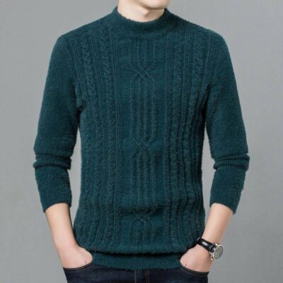 Áo len lông chồn nam Plus nhung dày đồng màu nửa áo len cao cổ nam mới áo len nam