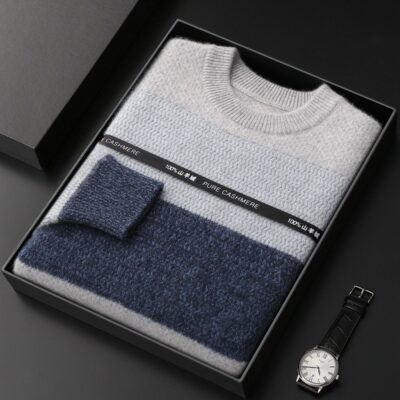 Áo len cashmere nam cổ tròn dày ấm mùa đông giản dị Áo len cashmere nguyên chất 100% chạm đáy áo len dệt kim phối màu