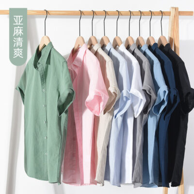 Mùa hè mới vải lanh nam áo sơ mi ngắn tay nam cổ vuông giản dị sơ mi vải lanh cotton màu trơn nửa tay hàng đầu
