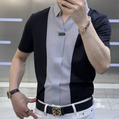 Áo sơ mi ngăn màu ngắn tay cao cấp nhẹ sang trọng mùa hè dành cho nam thời trang công sở bình thường phù hợp với tất cả các trận đấu nối áo sơ mi nửa tay