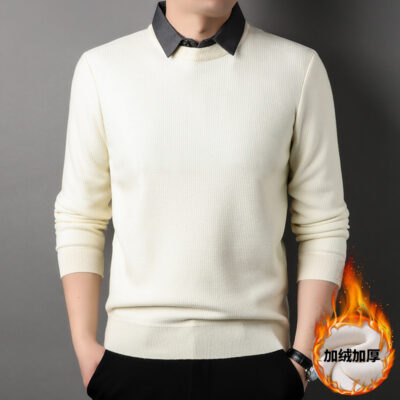 Mùa Đông Mới Nam Nỉ Áo Len Cổ Sơ Mi Giả Hai Miếng Dày Nam Bánh Waffle Đáy Áo Len