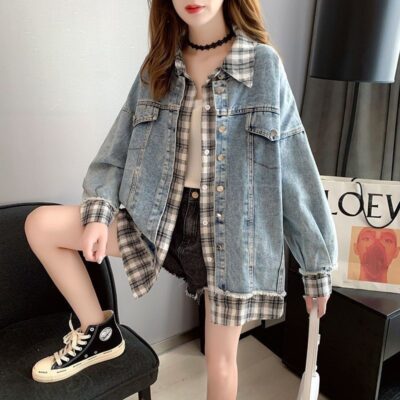 Khâu áo khoác denim nữ mùa xuân và mùa thu phù hợp với phiên bản mới của Hàn Quốc áo khoác gió hai mảnh ins giả denim hàng đầu
