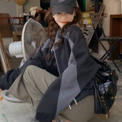 Áo khoác nữ mùa xuân Mỹ retro đen khâu mùa thu thiết kế nhỏ mới cảm giác ngắn đồng phục bóng chày áo khoác