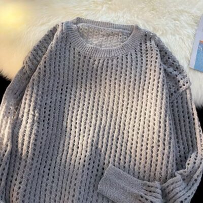 Mùa xuân và mùa thu áo len dệt kim rỗng cho nam ins Hương vị Hồng Kông lỏng lẻo vài áo len cổ tròn phiên bản Hàn Quốc xu hướng quần áo màu trơn