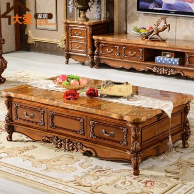 Bàn cà phê theo phong cách châu Âu bằng đá cẩm thạch sẫm màu bằng gỗ đặc của Pháp chạm khắc bàn cà phê cũ kết hợp tủ TV mới