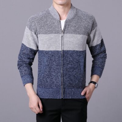 Ngoại Thương Ty Nam Thu Đông Cardigan Dây Kéo Áo Len Dày Plus Nhung Cổ Chữ V Rời Cổ Bóng Chày Áo Len Áo Khoác