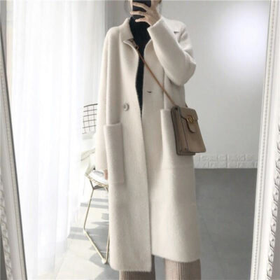 Vai Trước Áo Len Nữ Đan Giả Nhung Chồn Áo Khoác Cardigan Nữ Trung Dài Đầu Gối Nữ Dày Mùa Đông Người Đàn Ông Nhỏ
