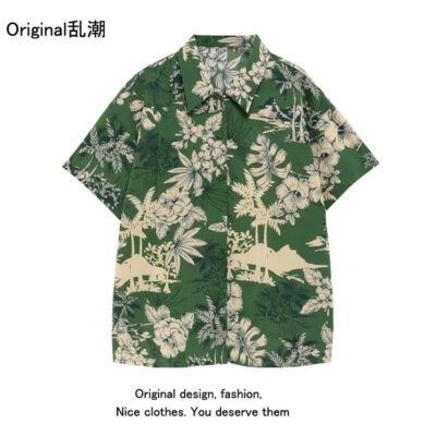 Sơ mi nam ngắn tay màu xanh lá cây mùa hè mỏng phần hương vị Hồng Kông retro giản dị Hawaii du lịch hoa bãi biển hoa sơ mi thủy triều