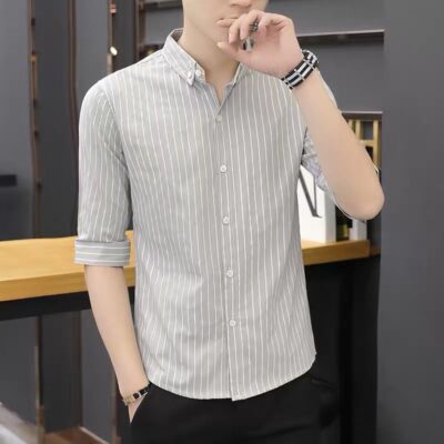 Áo Sơ Mi Sọc Nam Mùa Hè Ôm Vừa Tay Ba Phần Tư Áo Sơ Mi Nam Công Sở Tay Năm Điểm Xu Hướng Inch Áo Sơ Mi Sinh Viên