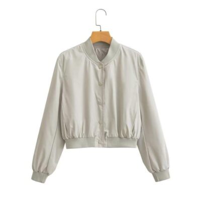 Phong Cách Đơn Giản Lụa Satin Họa Tiết Ngắn Áo Khoác Bomber Mùa Hè Tay Dài Trên Khâu Trang Trí Nút Áo Rời Nữ