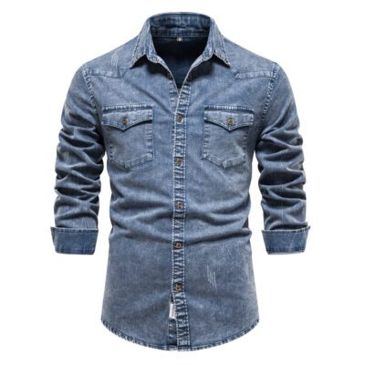2022 xuất khẩu ngoại thương mùa thu đông mới kích thước Châu Âu áo sơ mi denim nam chất lượng công nghiệp nặng đã giặt áo sơ mi nam cũ
