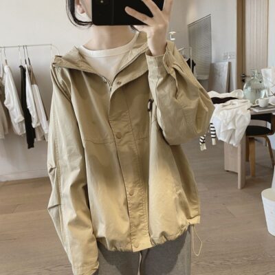 Áo khoác áo khoác dụng cụ cho phụ nữ mùa xuân và mùa thu mới rộng rãi phong cách cổ điển mỏng có mũ trùm đầu đơn giản tay áo raglan nhà sản xuất hàng đầu