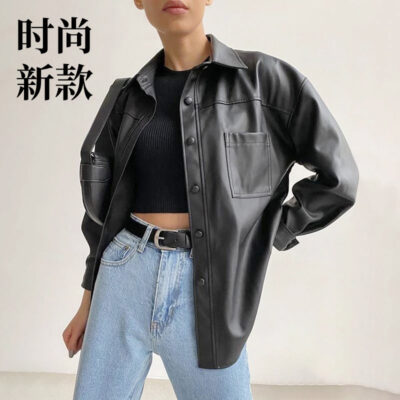 Da Phong Cách Mới Áo Khoác Dài Phong Cách Âu Mỹ Da Xe Máy Áo Khoác Nữ Thu Đông Đen Nhỏ Da Ve Áo Khoác Nữ