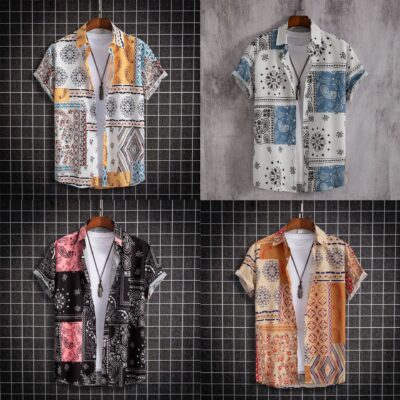 Áo sơ mi tay ngắn phong cách Paisley giản dị thời trang dành cho nam Không định vị
