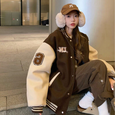 Mùa thu đông phong cách Mỹ mới rời thêu màu tương phản đồng phục bóng chày nữ Harajuku ins gió áo khoác học sinh áo khoác ngoài