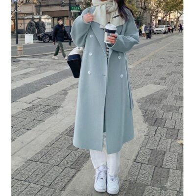 Bán buôn áo khoác cashmere hai mặt màu xanh cho nữ mùa xuân và mùa thu 2023 phiên bản mới của Hàn Quốc Áo khoác Hepburn dài vừa phải