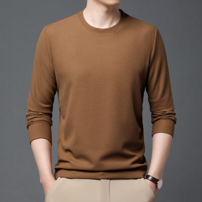 Waffle mới mùa thu đông nam dài tay cổ tròn màu đáy áo len màu trơn thời trang hàng đầu trung niên