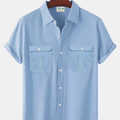 Amazon Mùa Hè Mới Áo Sơ Mi Đơn Giản Nam Màu Cắt Dán Vải Lanh Cardigan Nữ Tay Ngắn Lưng Áo Sơ Mi Nam