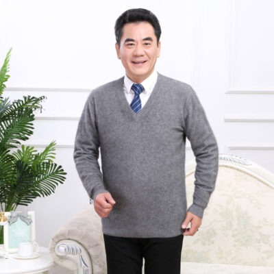 Quần áo nam cao cấp, áo len cashmere nguyên chất, áo len chui đầu cổ chữ V nam, quần áo của ông bố trung niên, áo len cashmere dệt kim, mặt sạch