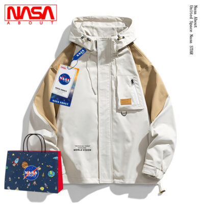 Áo khoác dụng cụ đồng thương hiệu của NASA mùa xuân và mùa thu của thương hiệu hợp thời trang trên đường phố Nhật Bản áo khoác có mũ trùm đầu nối màu tương phản rất đẹp trai
