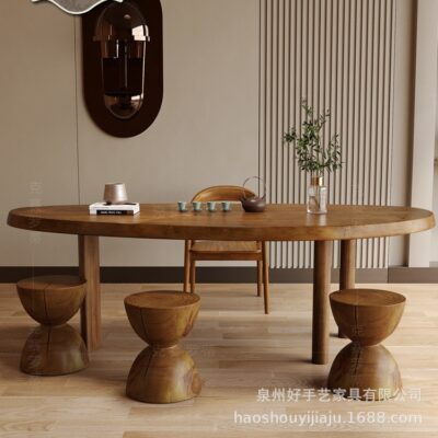 Bàn trà gỗ cong đơn giản và ghế kết hợp Bàn trà nhà ban công hình bầu dục văn phòng quầy lễ tân Bàn trà